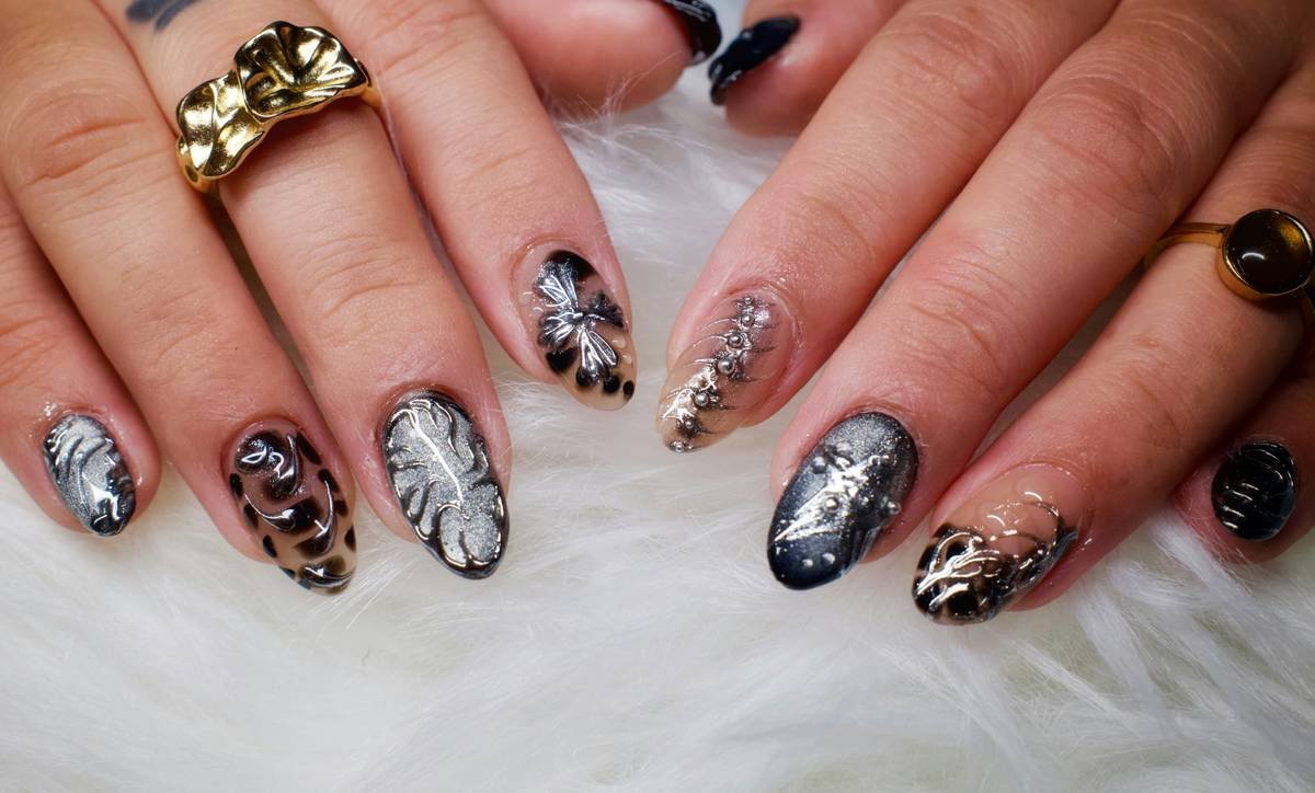 Step-by-step photo sequence showing nail prep, stencil placement, polish application, and final result with sharp, clean design lines