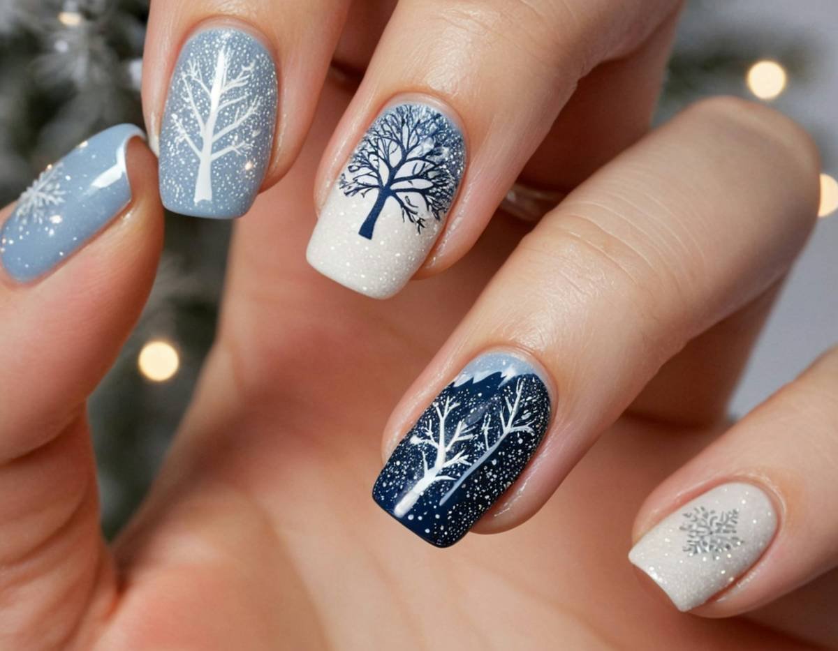 Close-up of bespoke nail design idea created with layered stencils showing crisp lines and custom geometry